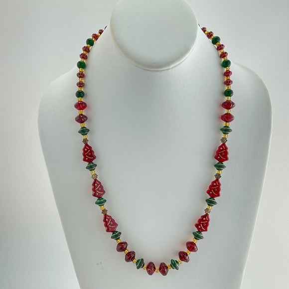 Host Pick! Christmas Tree Necklace & Earrings Set, Handmade, Vintage Glass Beads - Picture 4 of 10